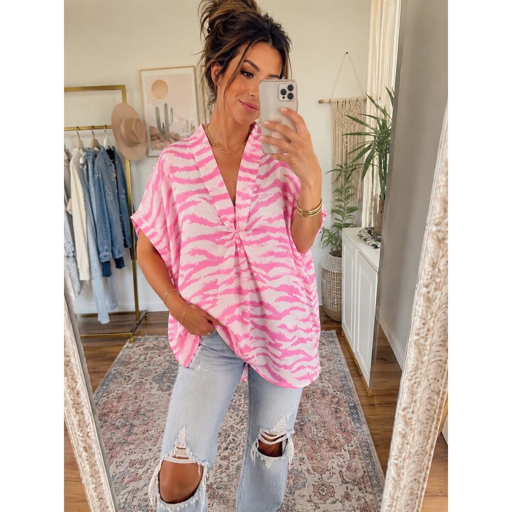 Entro Pink Zebra Print Tunic Blouse 1X Oversized V Neck Top NWT